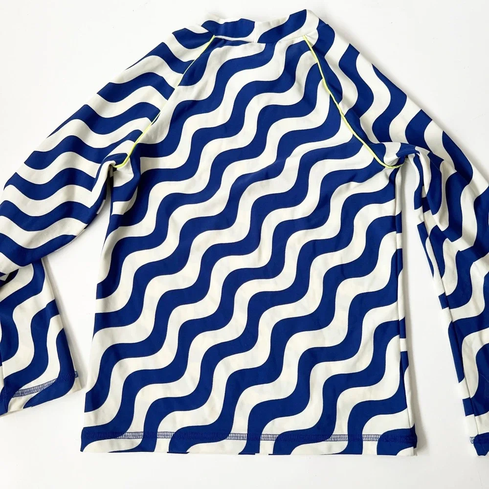 Mini Boden Rash Guard 8-9Y Blue Wavy Long Sleeve UPF 40+ Swim Shirt Top Kids